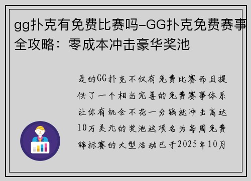gg扑克有免费比赛吗-GG扑克免费赛事全攻略：零成本冲击豪华奖池